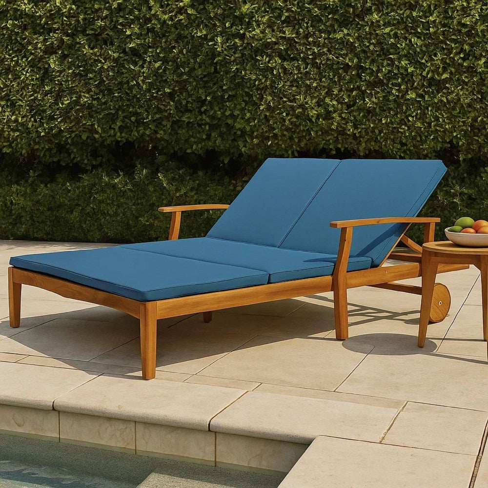 Hoye Double Chaise Lounger Recliner Bed, Outdoor, 79 Inch, Acacia Wood By Casagear Home