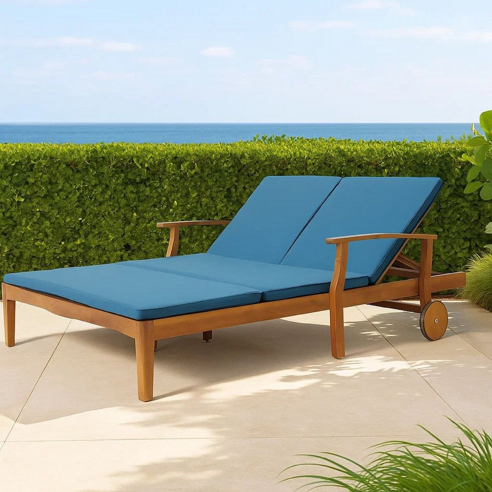 Hoye Double Chaise Lounger Recliner Bed, Outdoor, 79 Inch, Acacia Wood By Casagear Home