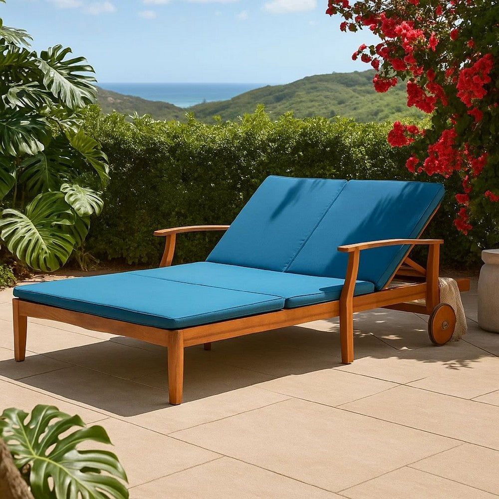 Hoye Double Chaise Lounger Recliner Bed, Outdoor, 79 Inch, Acacia Wood By Casagear Home