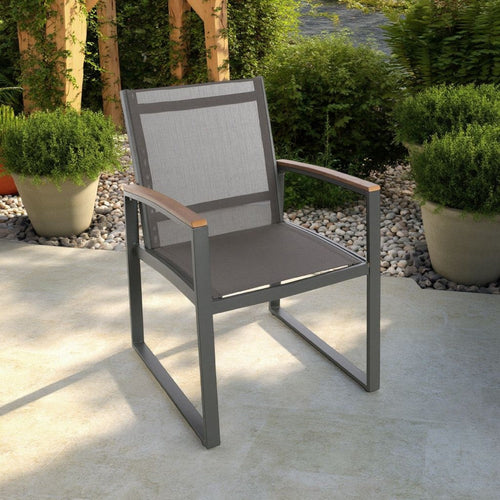 Outdoor Dining Chair Set of 2, Gray Mesh Seat and Brown Faux Wood, Metal By Casagear Home