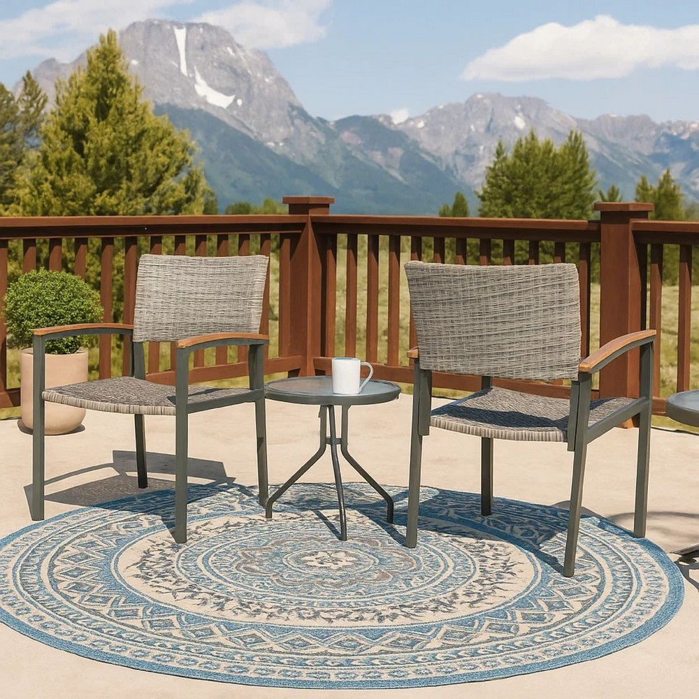 Outdoor Dining Chair Set of 2, Mesh Seat, Gray Rattan and Brown Faux Wood By Casagear Home