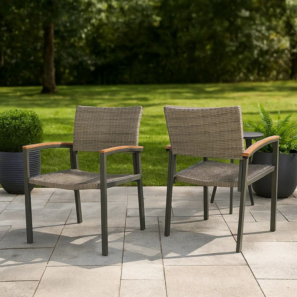 Outdoor Dining Chair Set of 2, Mesh Seat, Gray Rattan and Brown Faux Wood By Casagear Home