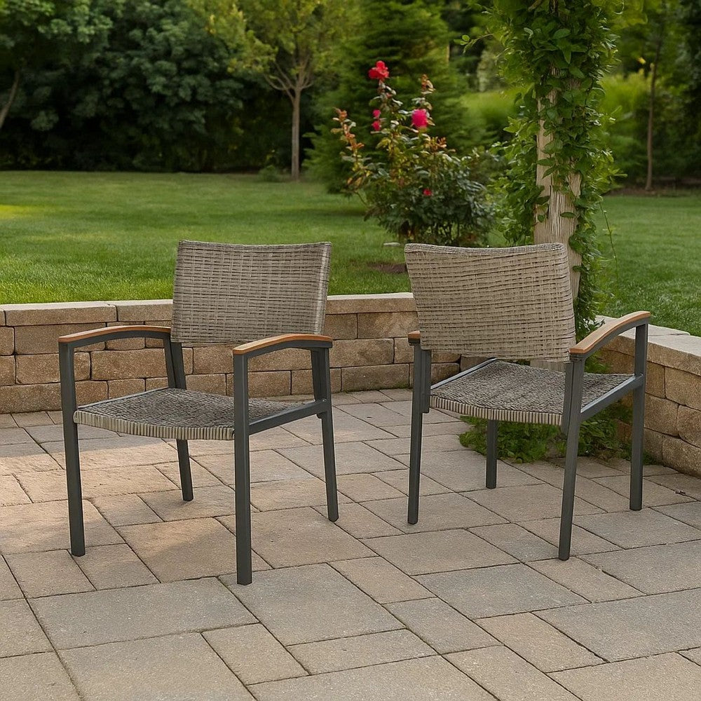 Outdoor Dining Chair Set of 2, Mesh Seat, Gray Rattan and Brown Faux Wood By Casagear Home