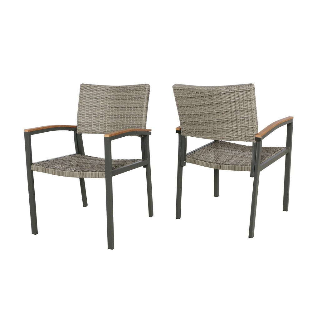 Outdoor Dining Chair Set of 2, Mesh Seat, Gray Rattan and Brown Faux Wood By Casagear Home