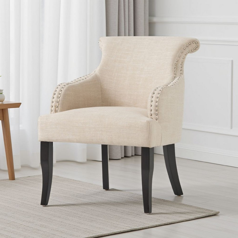 Accent Armchair, Nailhead Trim, Birch Wood, Plush Light Beige Fabric By Casagear Home