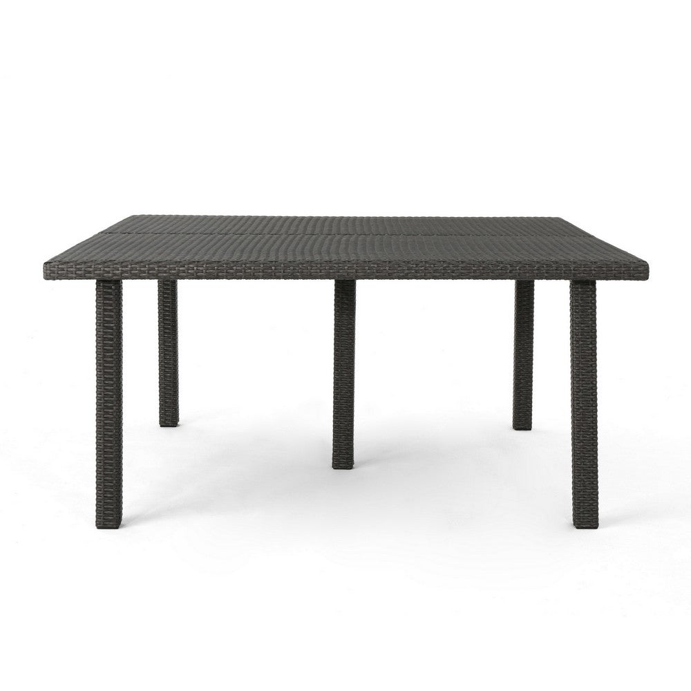 Nona Outdoor Dining Table, 64 Inch Square, Dark Gray Rattan Wood and Iron By Casagear Home