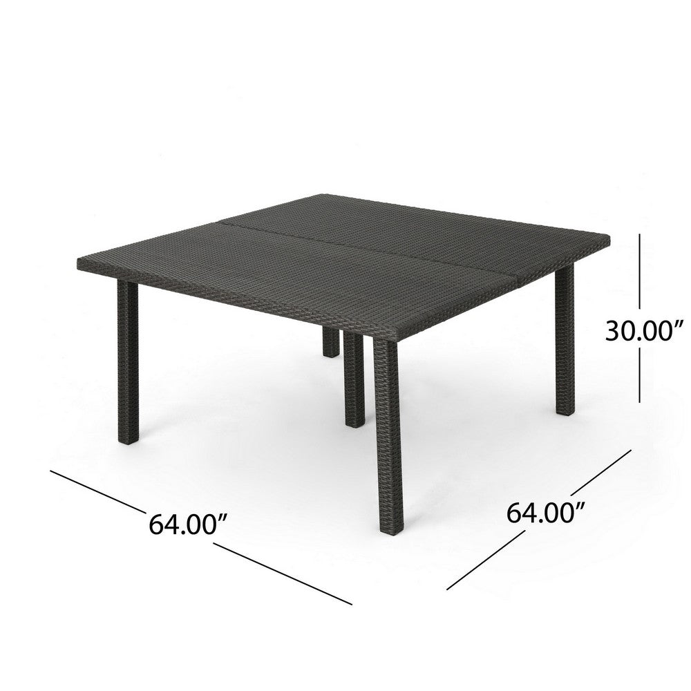Nona Outdoor Dining Table, 64 Inch Square, Dark Gray Rattan Wood and Iron By Casagear Home