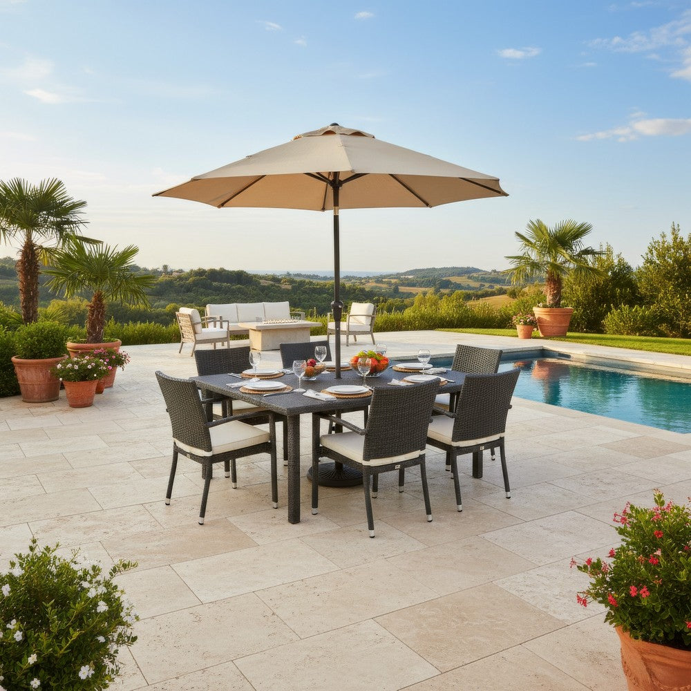 Nona Outdoor Dining Table, 64 Inch Square, Dark Gray Rattan Wood and Iron By Casagear Home