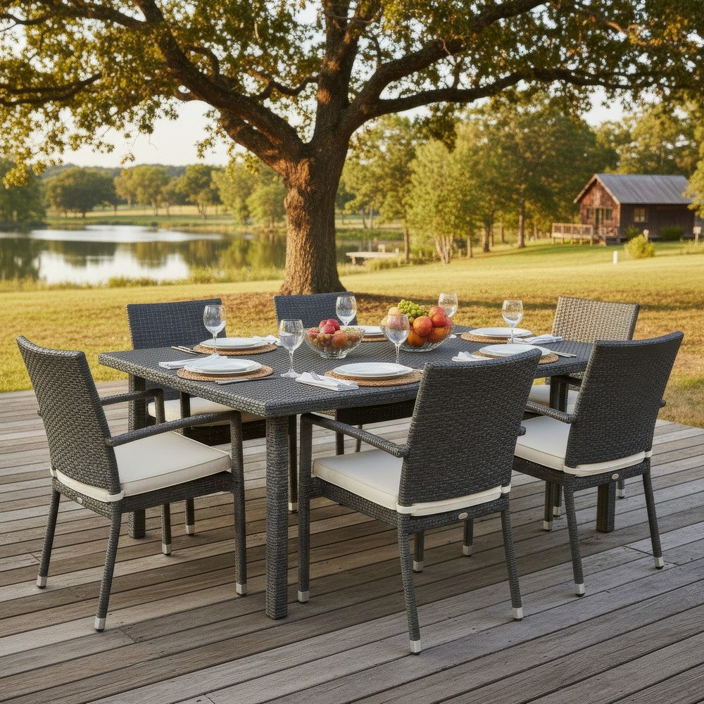 Nona Outdoor Dining Table, 64 Inch Square, Dark Gray Rattan Wood and Iron By Casagear Home