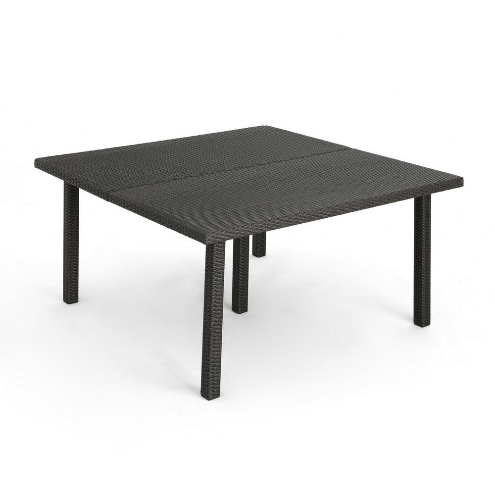 Nona Outdoor Dining Table, 64 Inch Square, Dark Gray Rattan Wood and Iron By Casagear Home