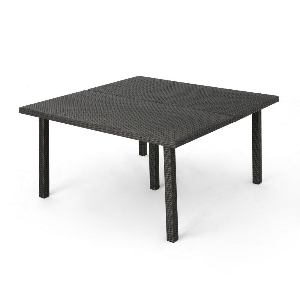 Nona Outdoor Dining Table, 64 Inch Square, Dark Gray Rattan Wood and Iron By Casagear Home