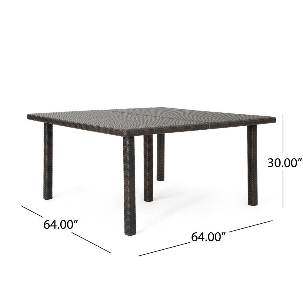 Nona Outdoor Dining Table, 64 Inch Square Top, Brown Rattan Wood, Iron By Casagear Home