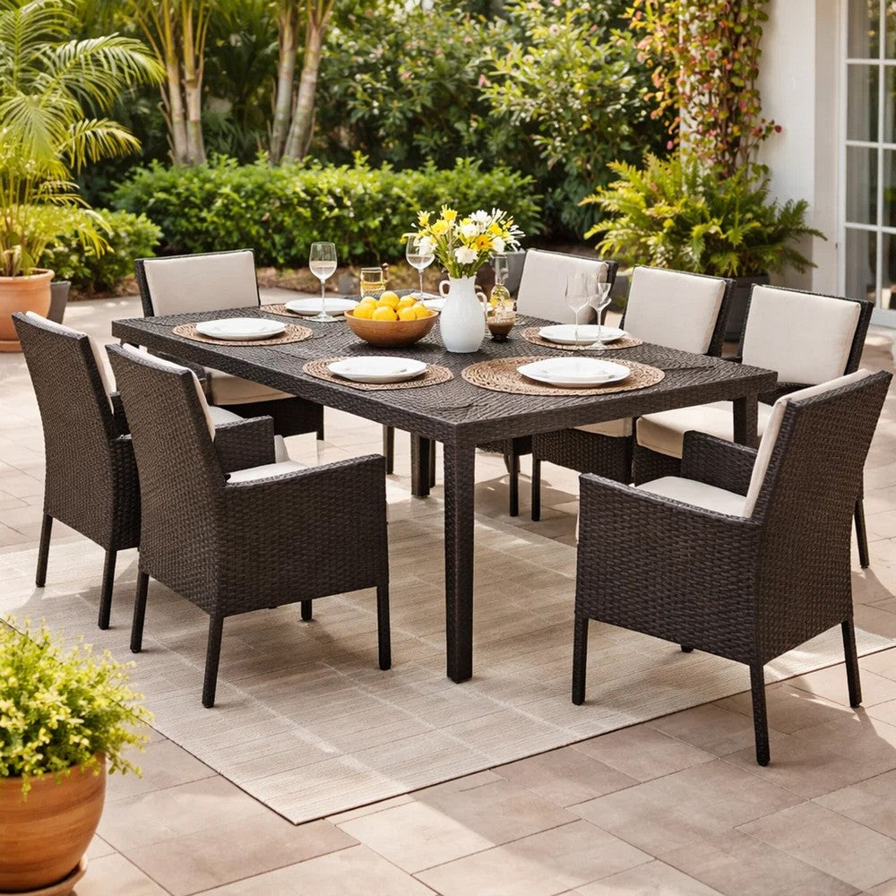 Nona Outdoor Dining Table, 64 Inch Square Top, Brown Rattan Wood, Iron By Casagear Home