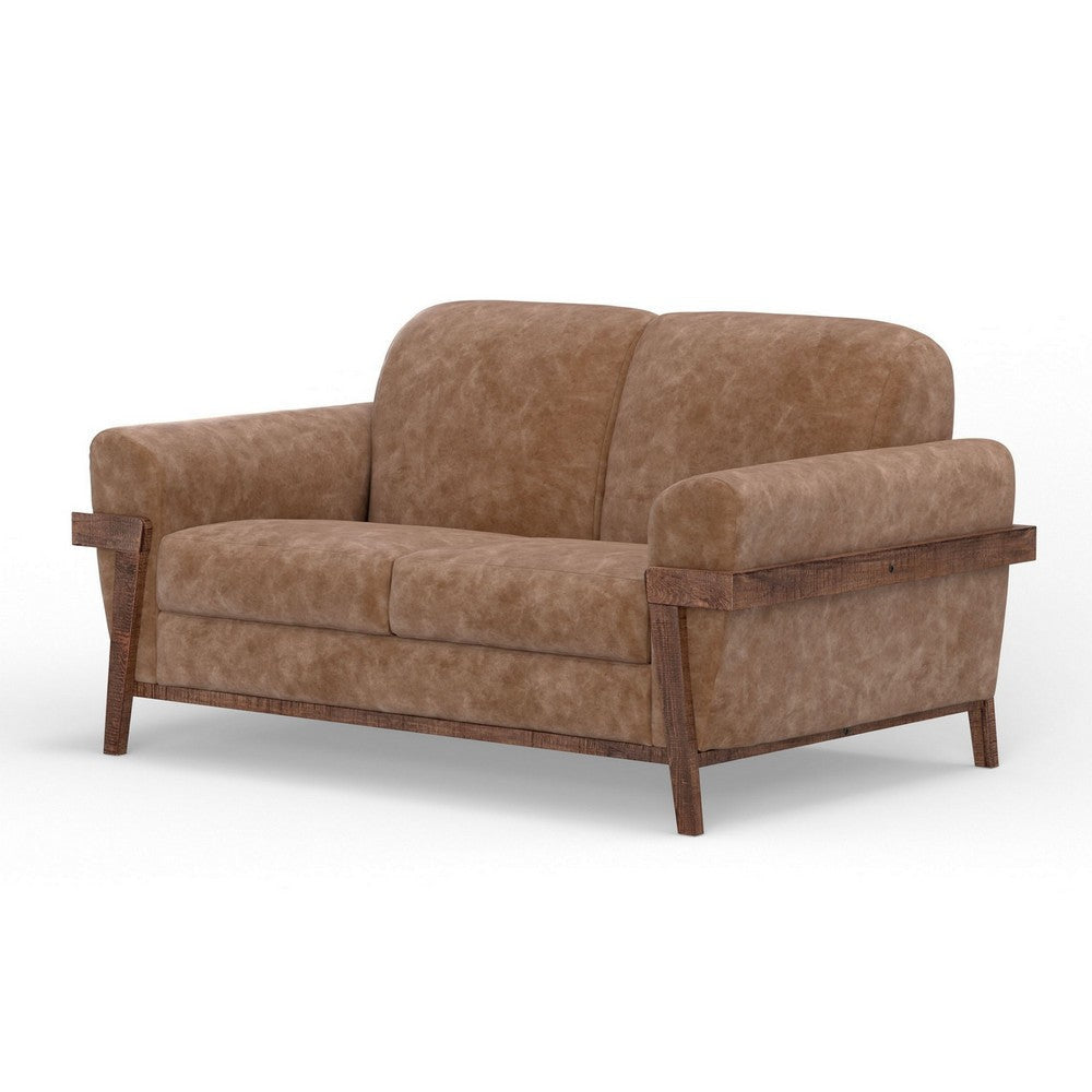 Pola Loveseat Cognac Brown Faux Leather Foam Solid Pine Wood 69 Inch By Casagear Home