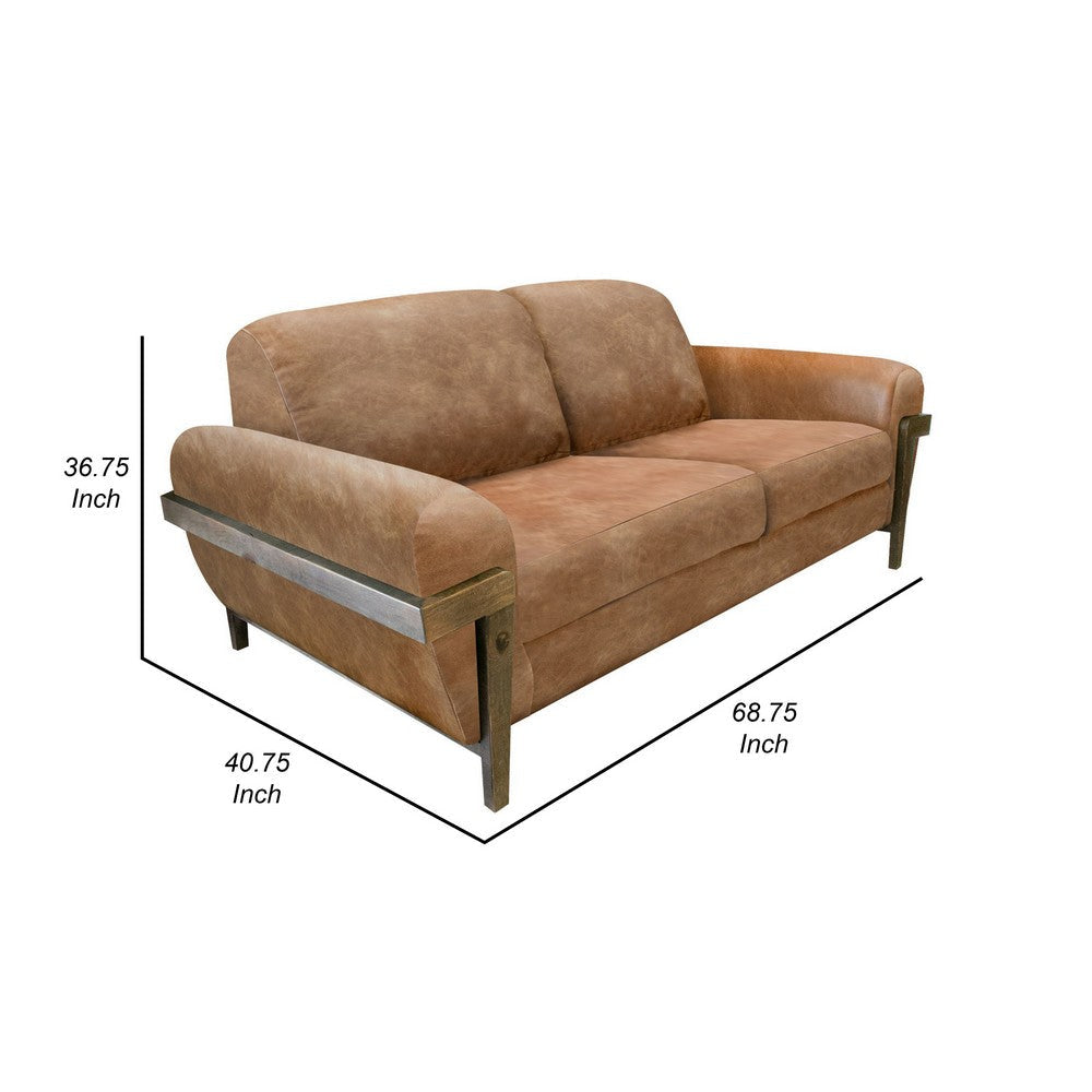 Pola Loveseat Cognac Brown Faux Leather Foam Solid Pine Wood 69 Inch By Casagear Home