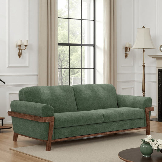 Pola Sofa, Olive Green Polyester, Foam Cushions, Solid Pine Wood, 95 Inch By Casagear Home