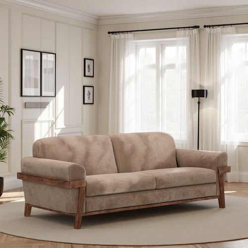 Pola Sofa, Light Brown Polyester, Foam Cushions, Solid Pine Wood, 95 Inch By Casagear Home