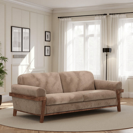 Pola Sofa, Light Brown Polyester, Foam Cushions, Solid Pine Wood, 95 Inch By Casagear Home