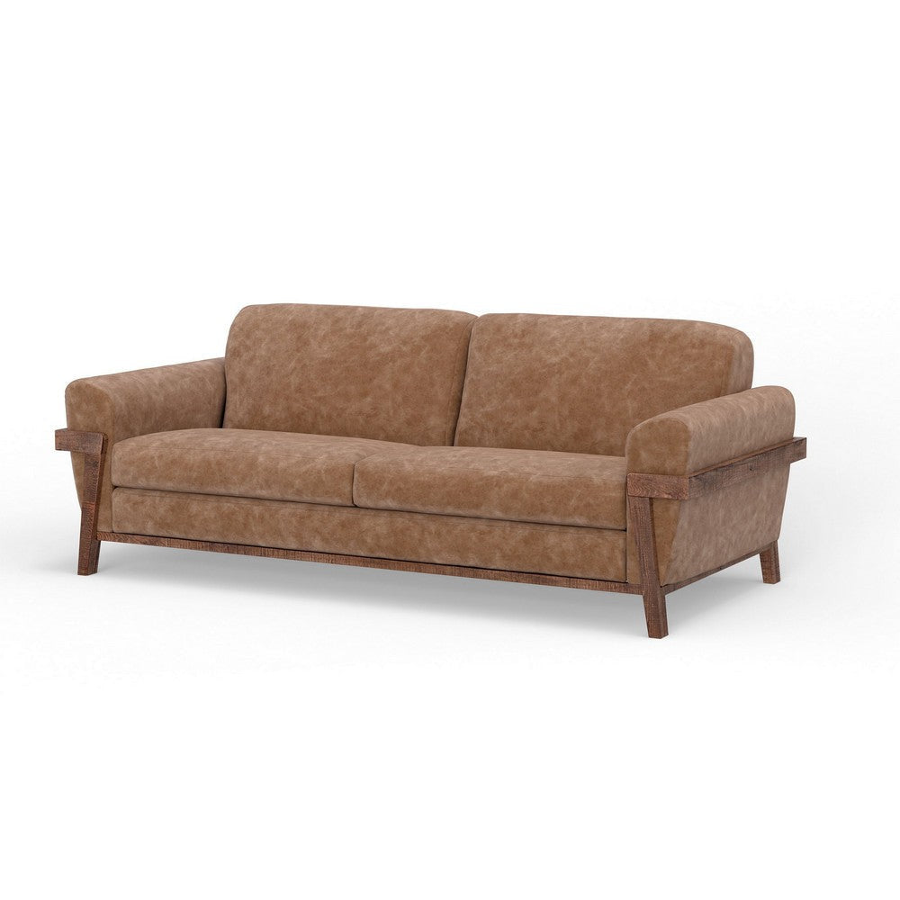 Pola Sofa Cognac Brown Faux Leather Foam Solid Pine Wood 95 Inch By Casagear Home