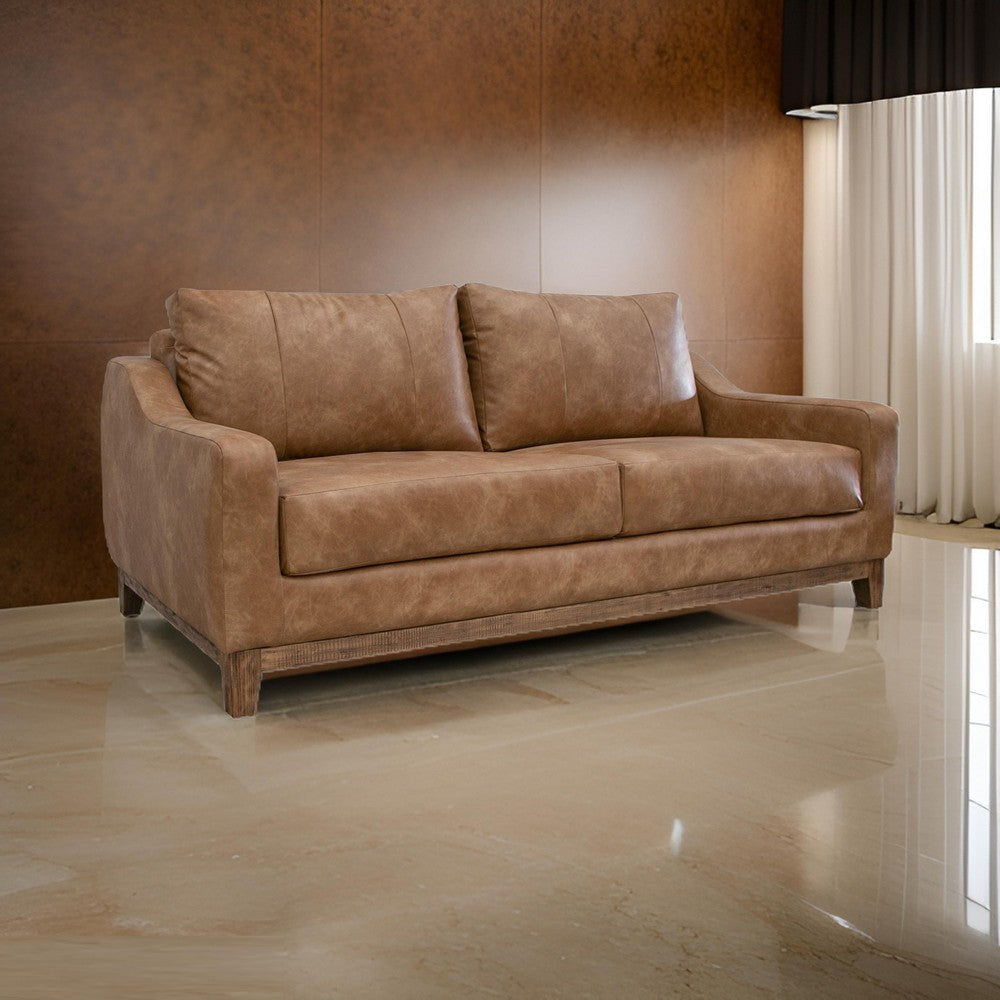 Tuba Loveseat, Cognac Brown Faux Leather, Foam, Solid Pine Wood, 62 Inch By Casagear Home