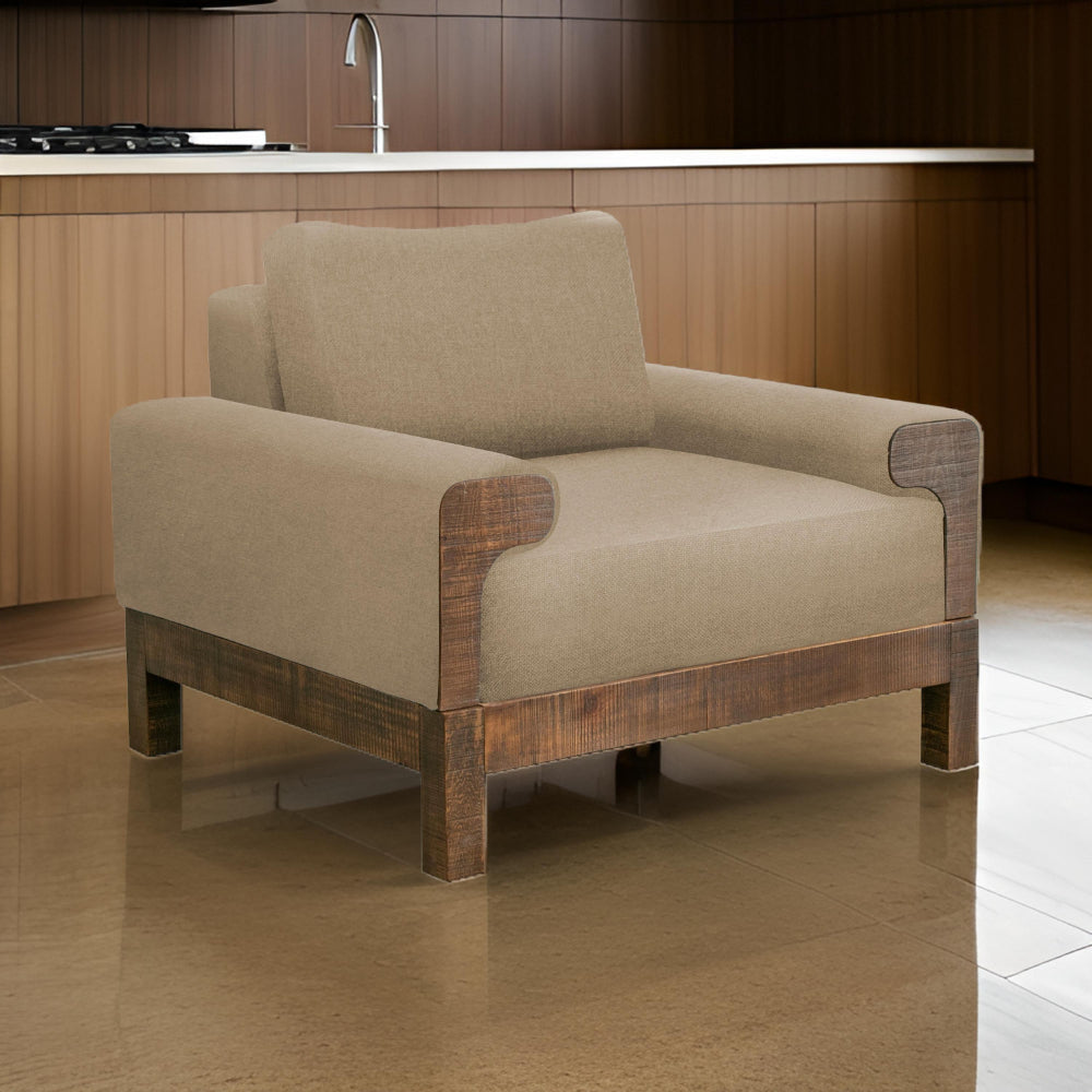 Caisy Accent Chair, Light Brown Polyester, Foam, Solid Pine Wood Frame By Casagear Home