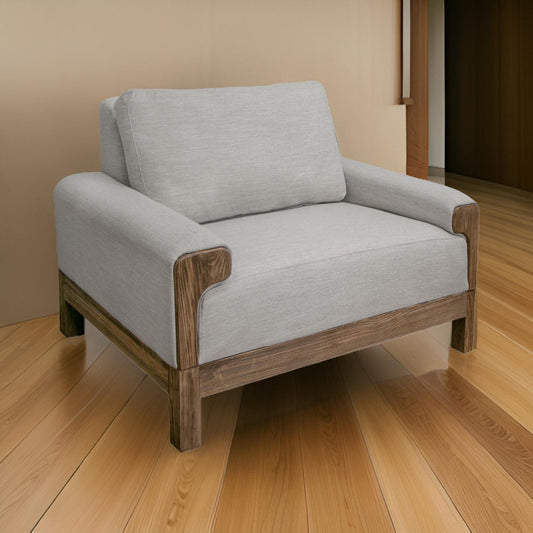 Caisy Accent Chair, Beige Polyester, Foam Cushions, Brown Solid Pine Wood By Casagear Home