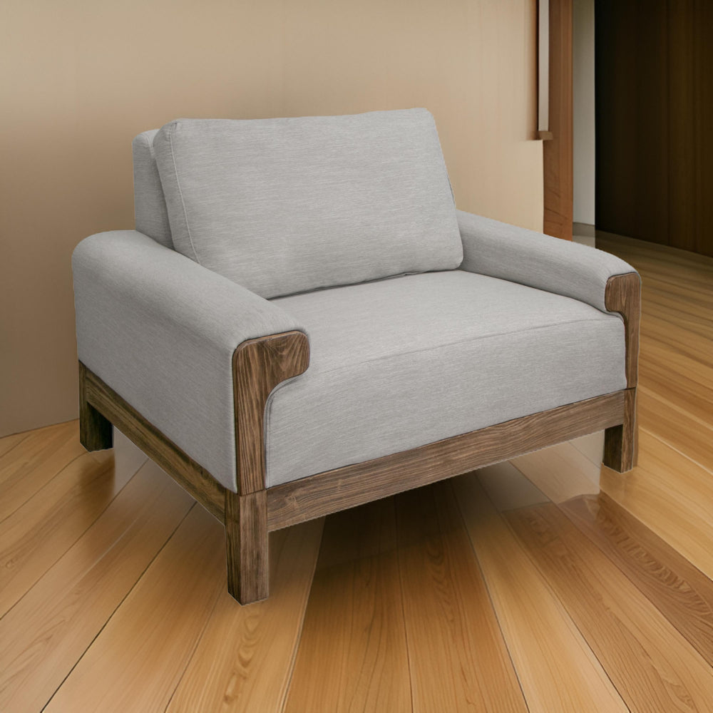Caisy Accent Chair, Beige Polyester, Foam Cushions, Brown Solid Pine Wood By Casagear Home