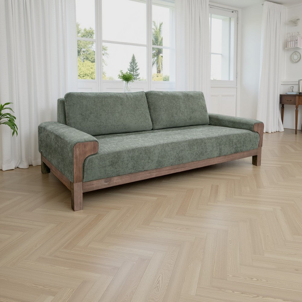 Caisy Sofa, Olive Green Polyester, Foam Cushions, Solid Pine Wood, 93 Inch By Casagear Home