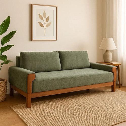 Caisy Sofa, Olive Green Polyester, Foam Cushions, Solid Pine Wood, 93 Inch By Casagear Home