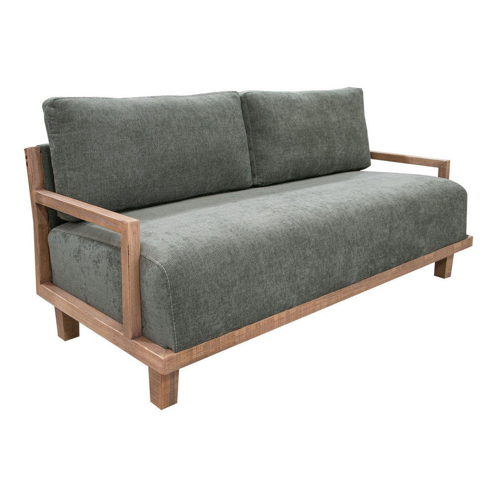 Asic Sofa, Olive Green Polyester, Camel Brown Solid Pine Wood, 69 Inch By Casagear Home