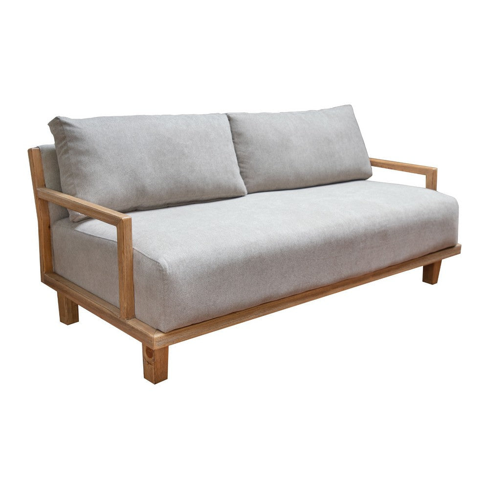 Asic Sofa, Almond Gray Polyester, Camel Brown Solid Pine Wood, 69 Inch By Casagear Home