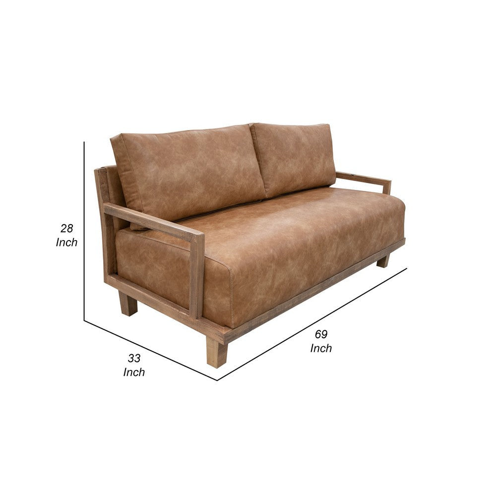 Asic Sofa Cognac Brown Faux Leather Camel Brown Solid Pine Wood 69 Inch By Casagear Home BM320820