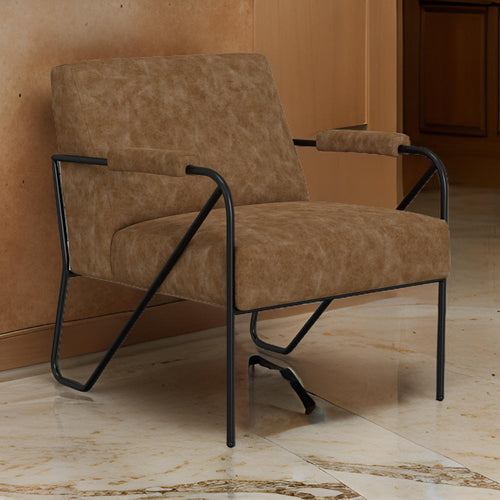 Levy Accent Chair, Cognac Brown Faux Leather, Soft Plush Foam, Black Metal By Casagear Home