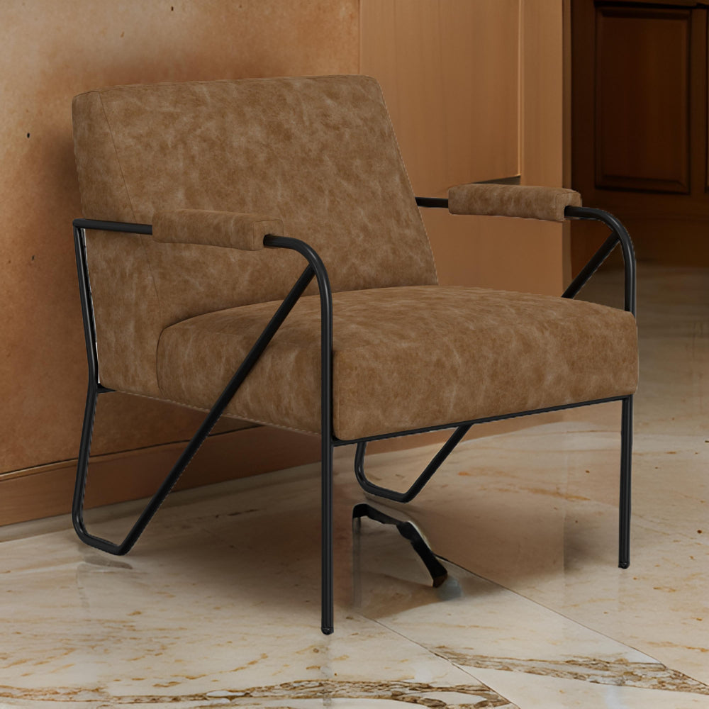 Levy Accent Chair, Cognac Brown Faux Leather, Soft Plush Foam, Black Metal By Casagear Home