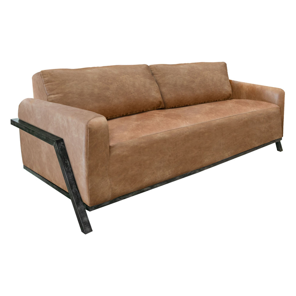 Kelly Sofa, Cognac Brown Faux Leather, 2 Throw Pillows, Solid Wood, 91 Inch By Casagear Home