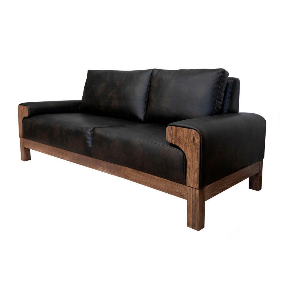 Caisy Sofa Black Faux Leather Caramel Solid Wood Frame 93 Inch By Casagear Home BM320896