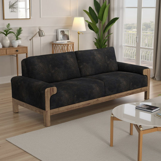 Caisy Sofa, Black Faux Leather, Caramel Solid Wood Frame, 93 Inch By Casagear Home
