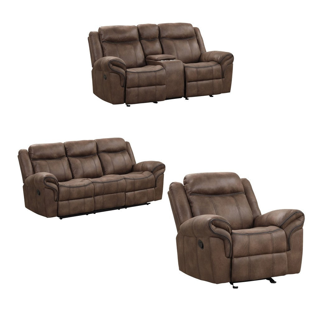 Arisa 3pc Sofa, Loveseat, Chair Manual Recliner Set, Brown Faux Leather By Casagear Home