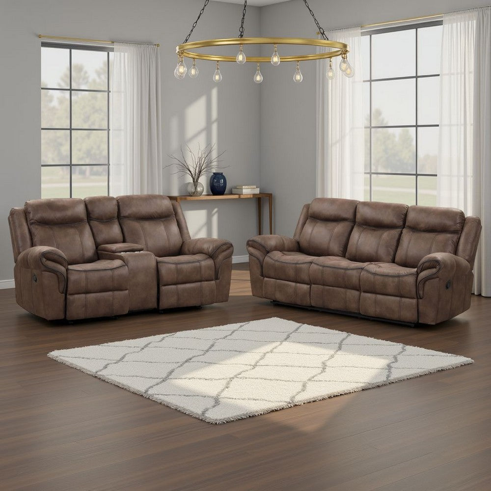 Arisa Sofa and Loveseat Manual Recliner Set, Brown Faux Leather, Drop Table By Casagear Home