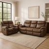 Arisa Sofa and Loveseat Manual Recliner Set, Brown Faux Leather, Drop Table By Casagear Home