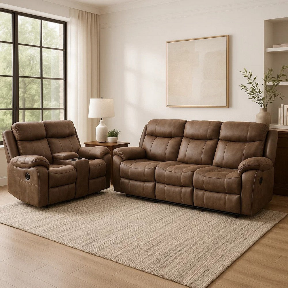 Arisa Sofa and Loveseat Manual Recliner Set, Brown Faux Leather, Drop Table By Casagear Home