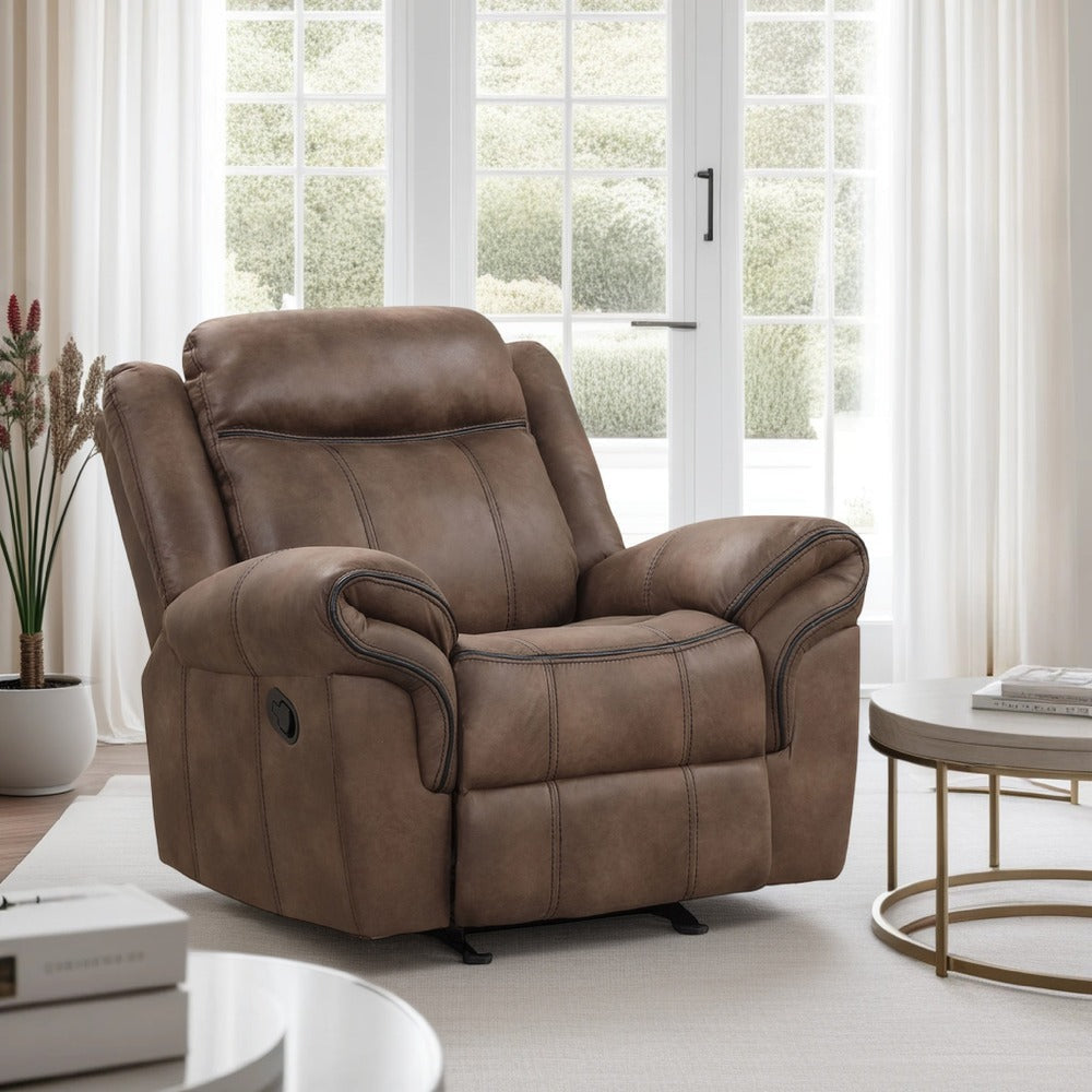 Arisa Manual Glider Recliner Chair, Brown Faux Leather, Pillow Arms By Casagear Home