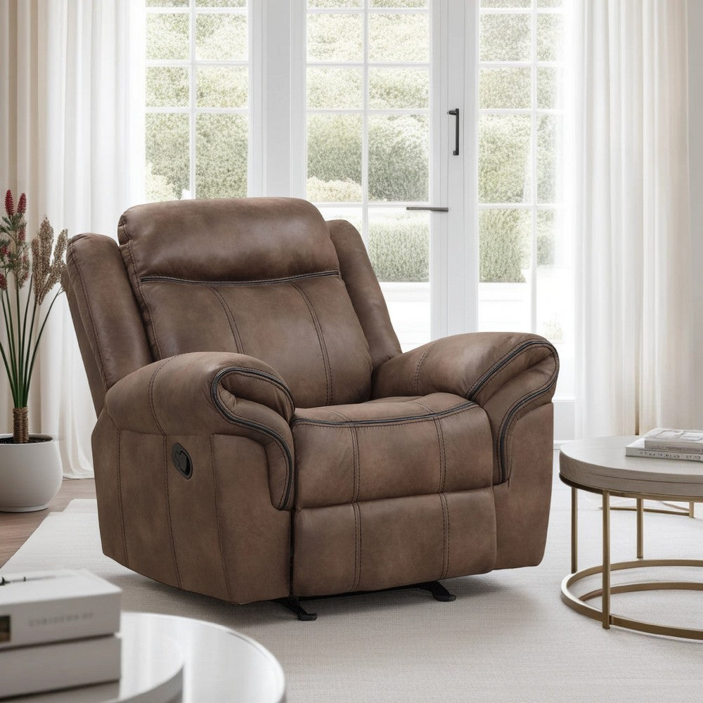 Arisa Manual Glider Recliner Chair, Brown Faux Leather, Pillow Arms By Casagear Home
