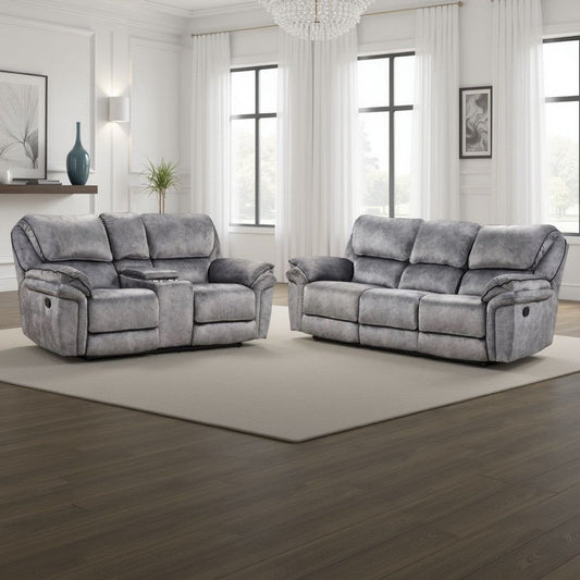 Arisa Sofa and Loveseat Manual Recliner Set, Gray Faux Leather, Drop Table By Casagear Home