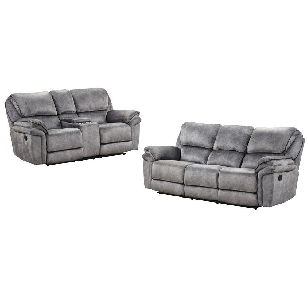 Arisa Sofa and Loveseat Manual Recliner Set, Gray Faux Leather, Drop Table By Casagear Home