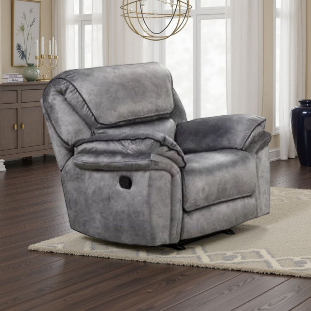 Remma Manual Glider Recliner Chair, Gray Faux Leather, Pillow Arms By Casagear Home