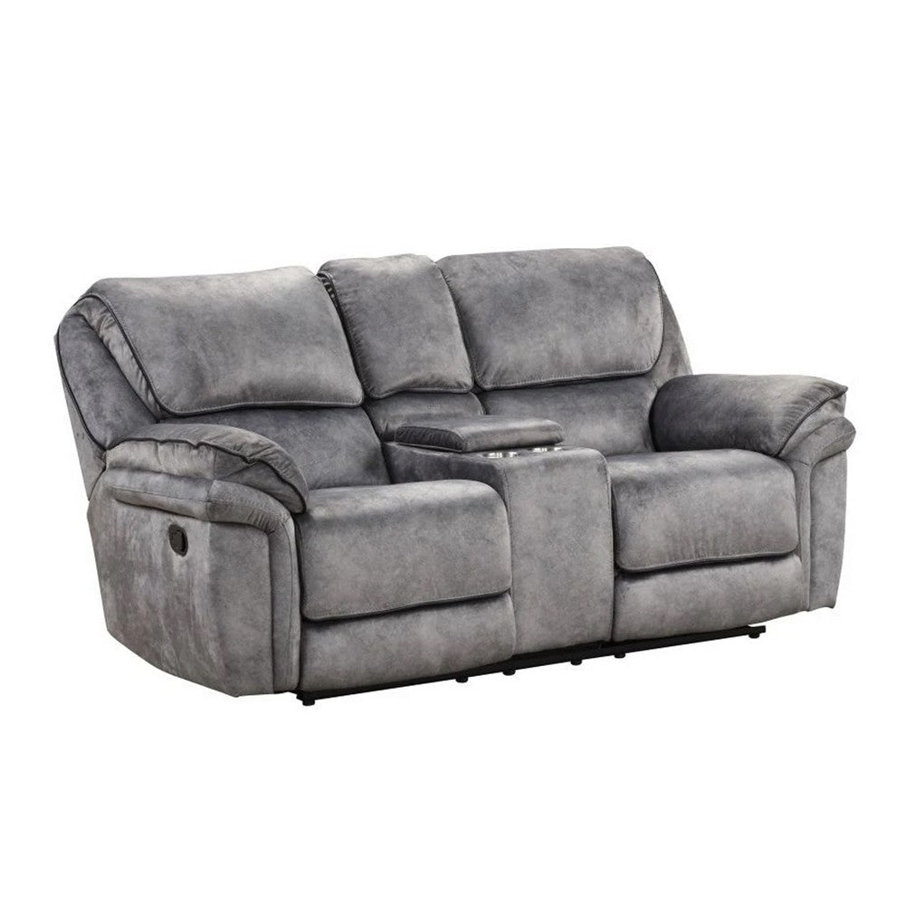 Remma Manual Recliner Loveseat Gray Faux Leather Console with Cupholders By Casagear Home BM321087