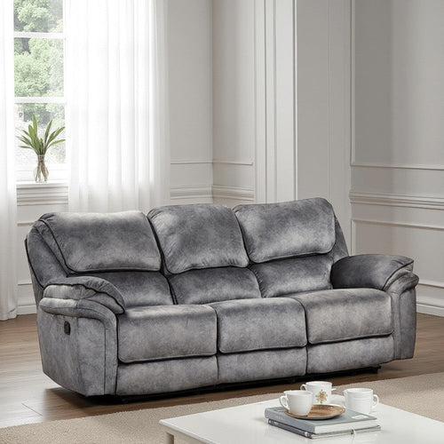 Remma Manual Recliner Sofa, Gray Faux Leather, Drop Table and Cupholders By Casagear Home