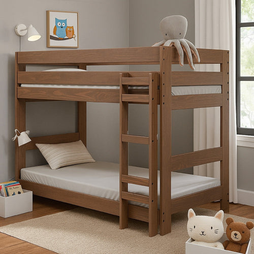 Twin/Twin Bunk Bed with Ladder, Brazilian Pine, Solid Wood, Mahogany By Casagear Home
