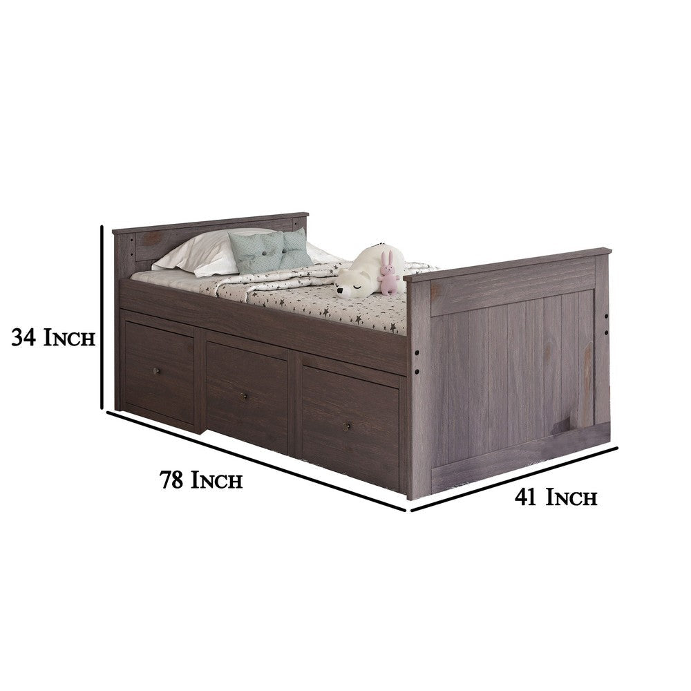 Mari Twin Captain Bed with Drawers Rustic Brazilian Pine Wood Gray By Casagear Home BM321093